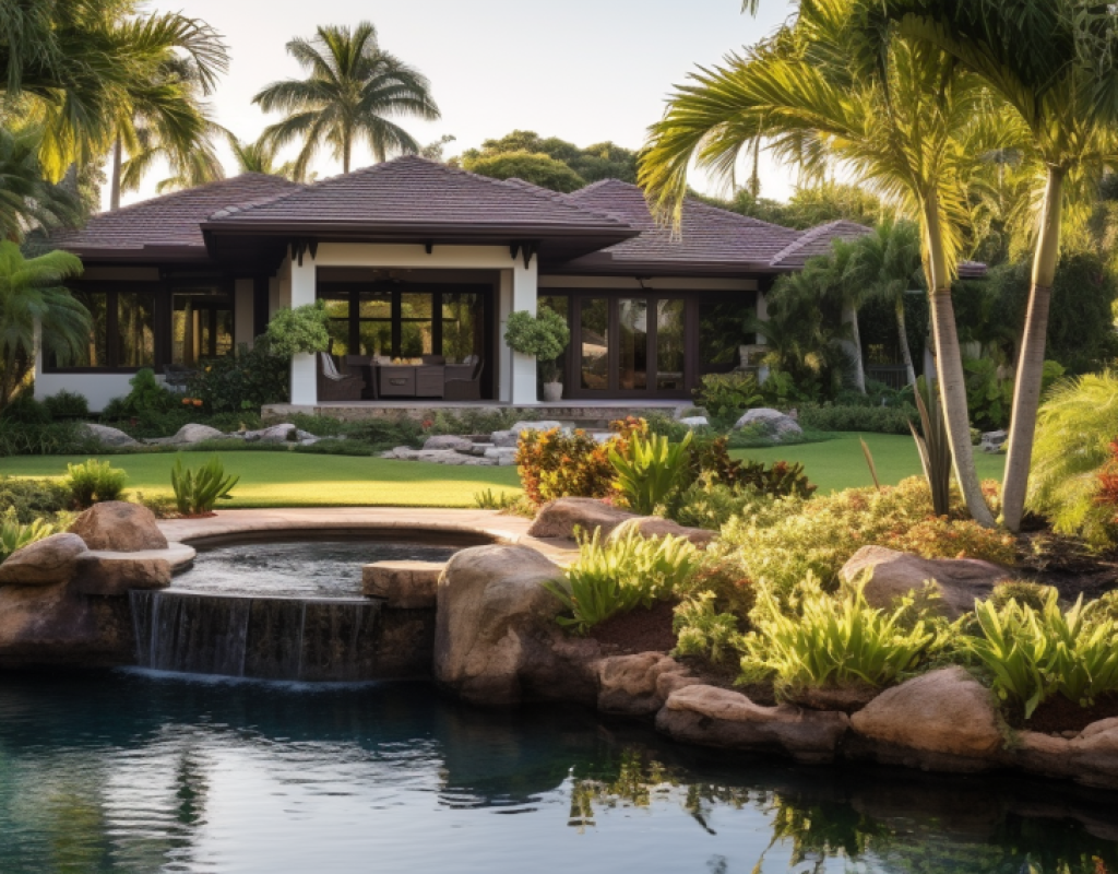 Decorative stone border and mulch around trees in Windermere residential landscape